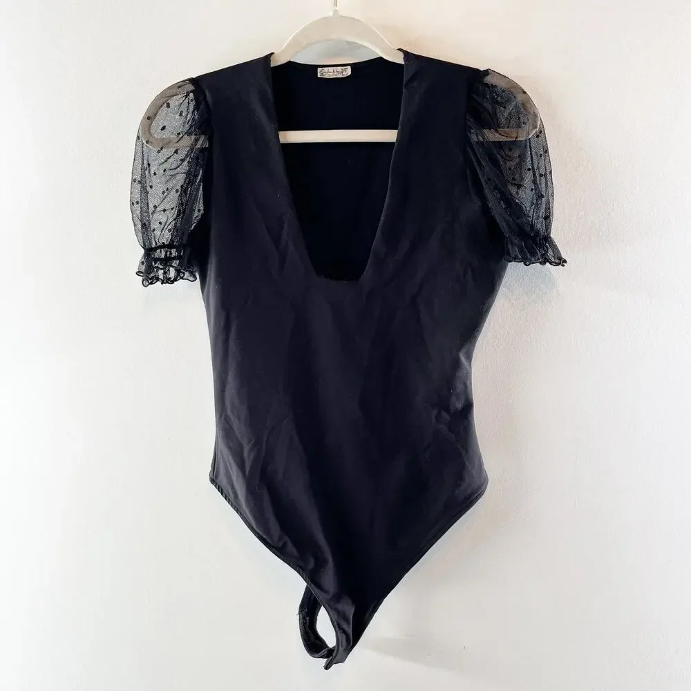 Free People Puff Sheer Short Sleeve Bodysuit Black XS